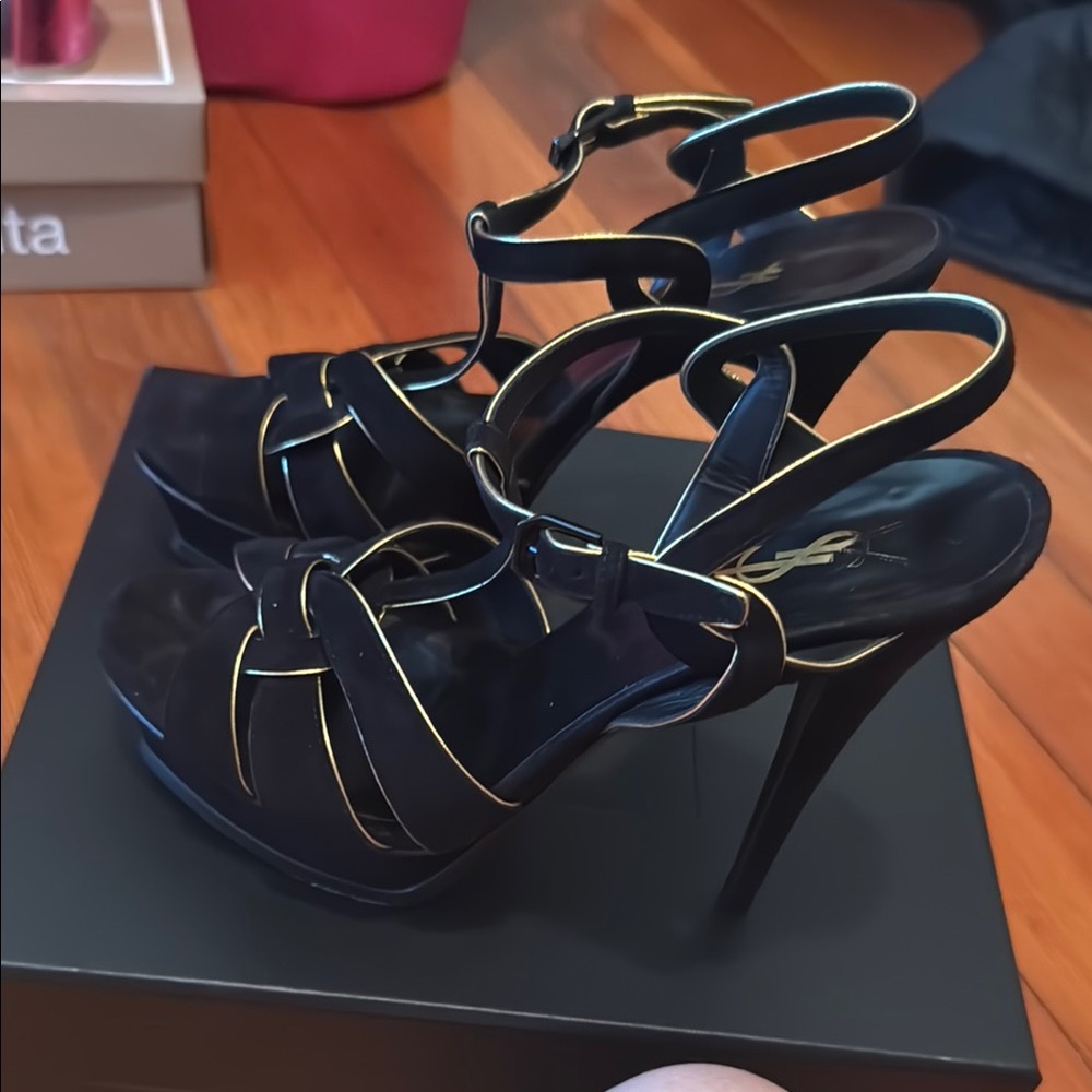 Yves Saint Laurent Black and Gold Stiletto Heels